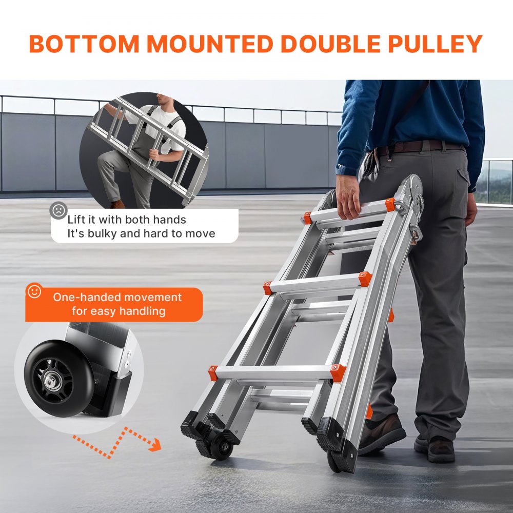 Telescoping A-frame ladder with wheels, extending to 9.5 ft, 330 lbs capacity.
