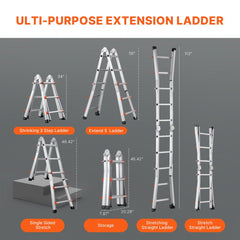 Telescoping A-frame extension ladder in multiple configurations, reaching up to 9.5 ft.