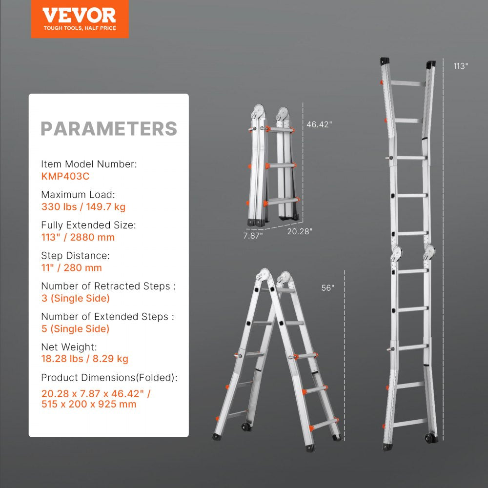 Telescoping A-frame extension ladder extended to 9.5 ft with 330 lbs capacity.
