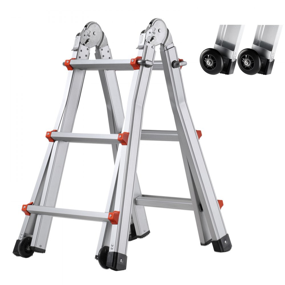 Silver telescoping A-frame extension ladder with wheels, extended to 9.5 ft height.
