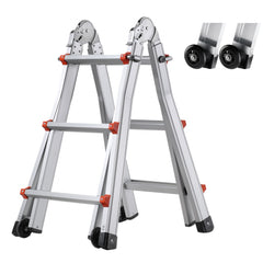 Silver telescoping A-frame extension ladder with wheels, extended to 9.5 ft height.