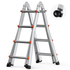 Bostome 13 FT A-Frame Telescoping Ladder with dual wheels and non-slip design for stability.