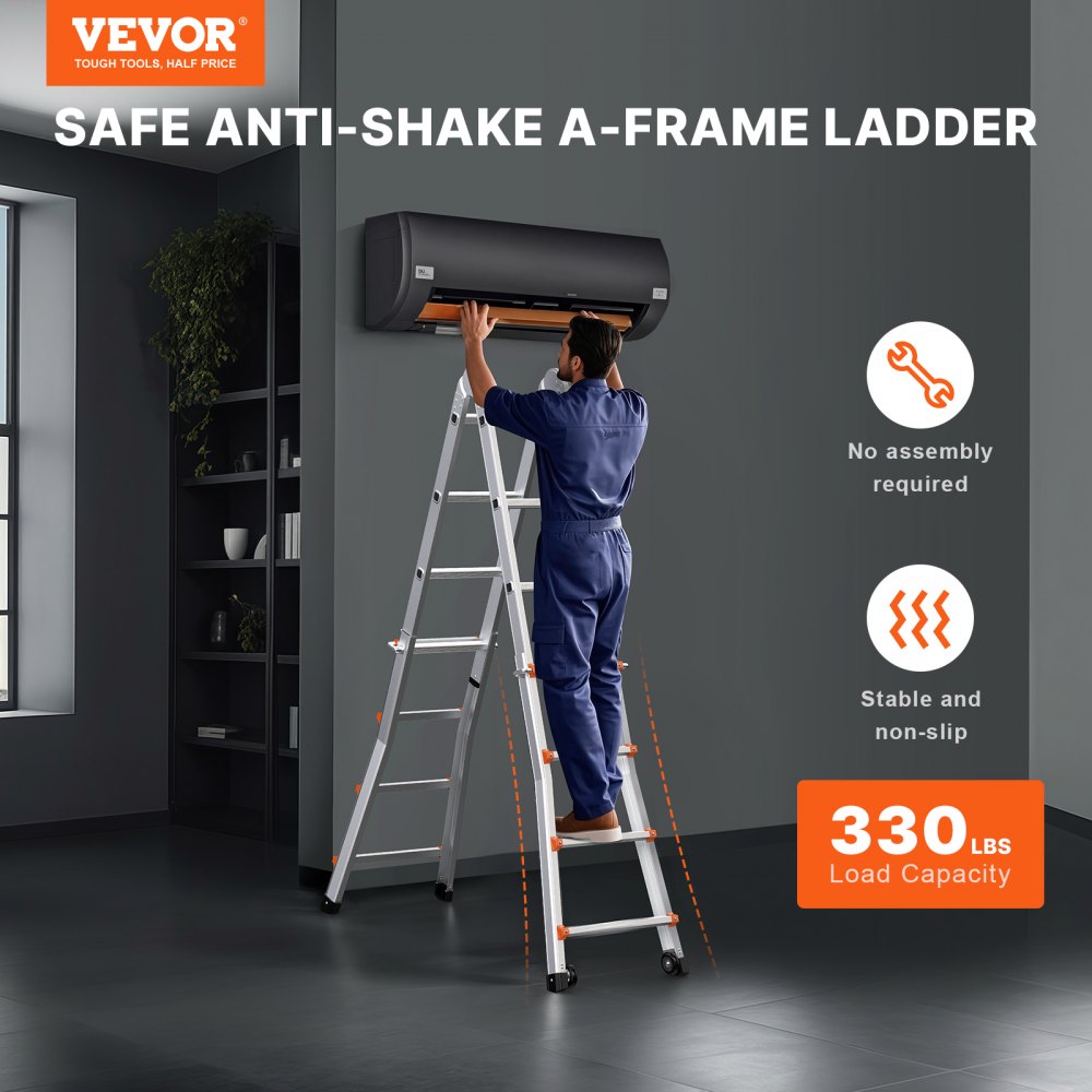 A 13 FT A-frame telescoping ladder made of aluminum with a non-slip design and dual wheels.