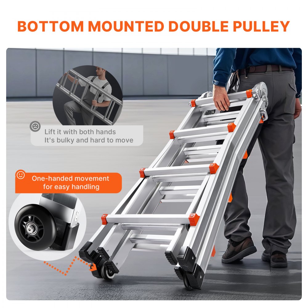 Bostome 13 FT A-Frame telescoping ladder with non-slip design and dual wheels for easy transport.