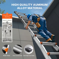 Bostome 13 FT A-Frame telescoping ladder with dual wheels and non-slip design for stability.
