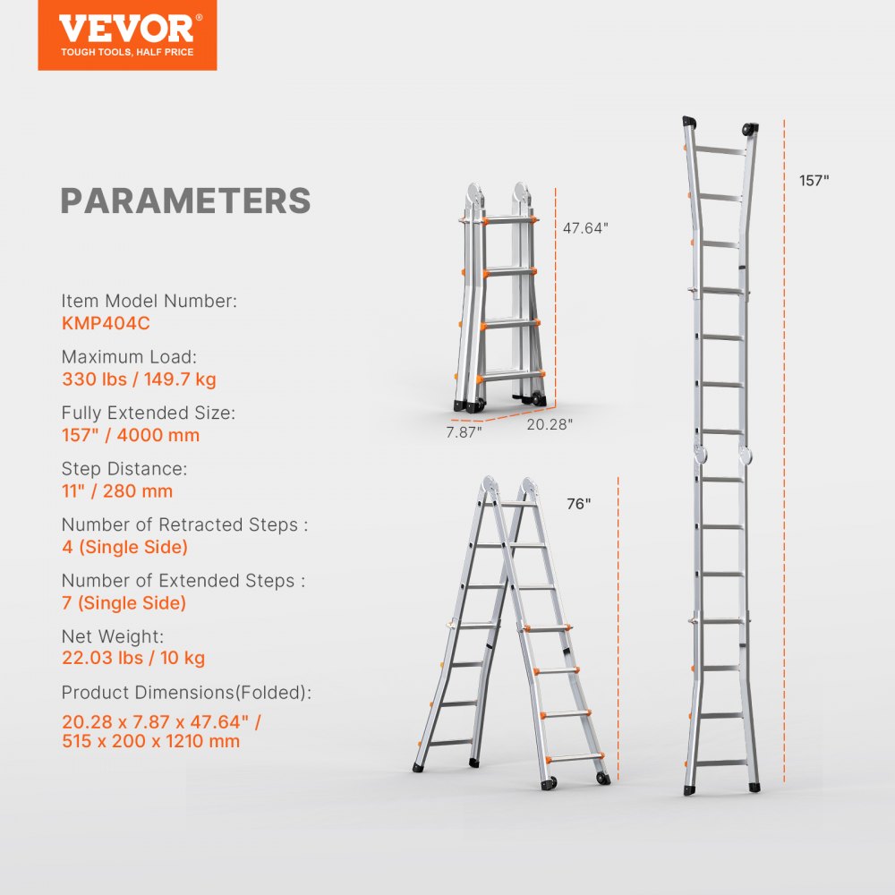Bostome 13 FT A-Frame Telescoping Ladder made of aluminum with dual wheels and locking steps.