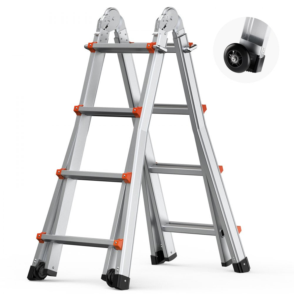 Bostome 13 FT A-Frame telescoping ladder with dual wheels and non-slip design for stability.