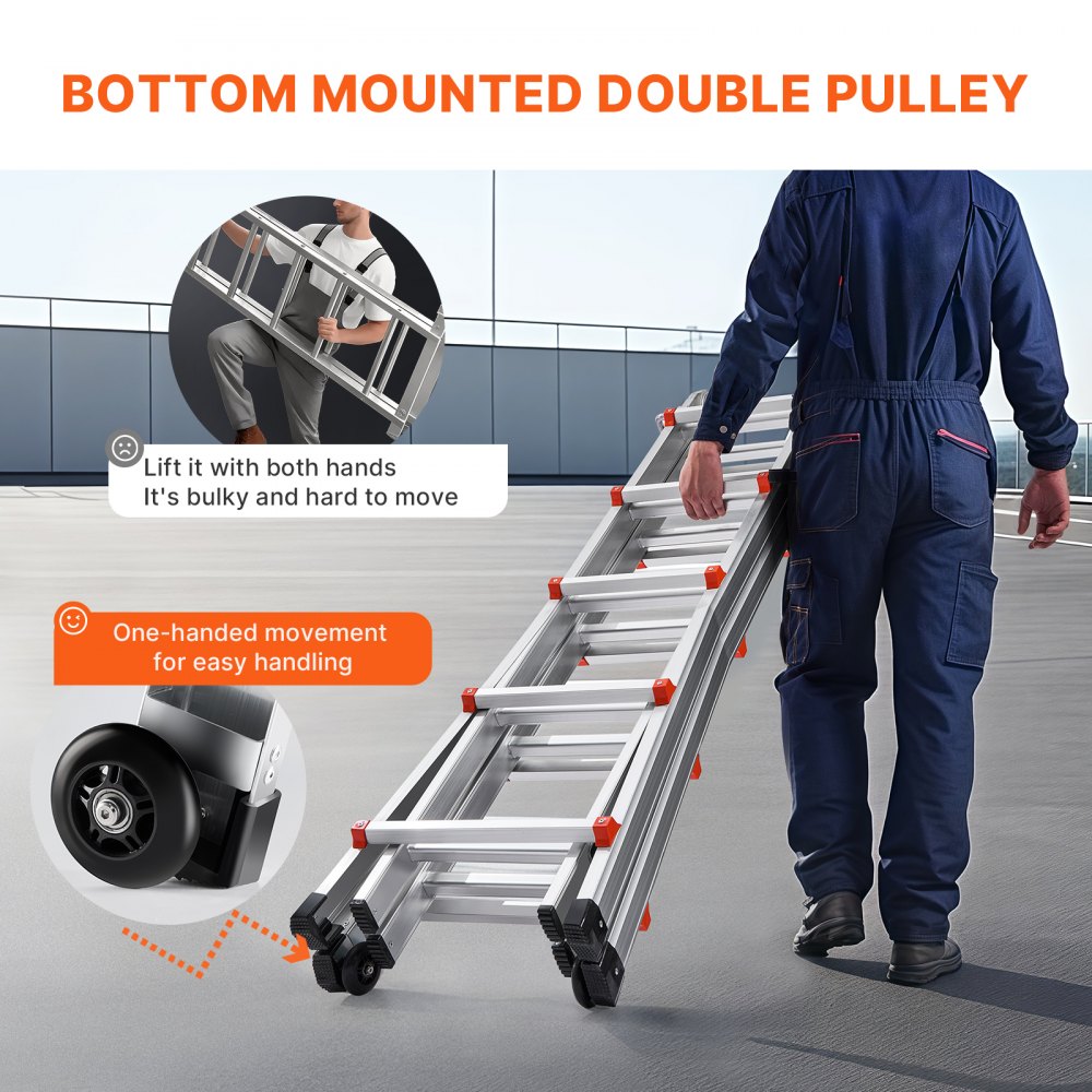 Bottom mounted double pulley on a 16.7 ft telescoping A-frame extension ladder with wheels for easy one-handed movement.