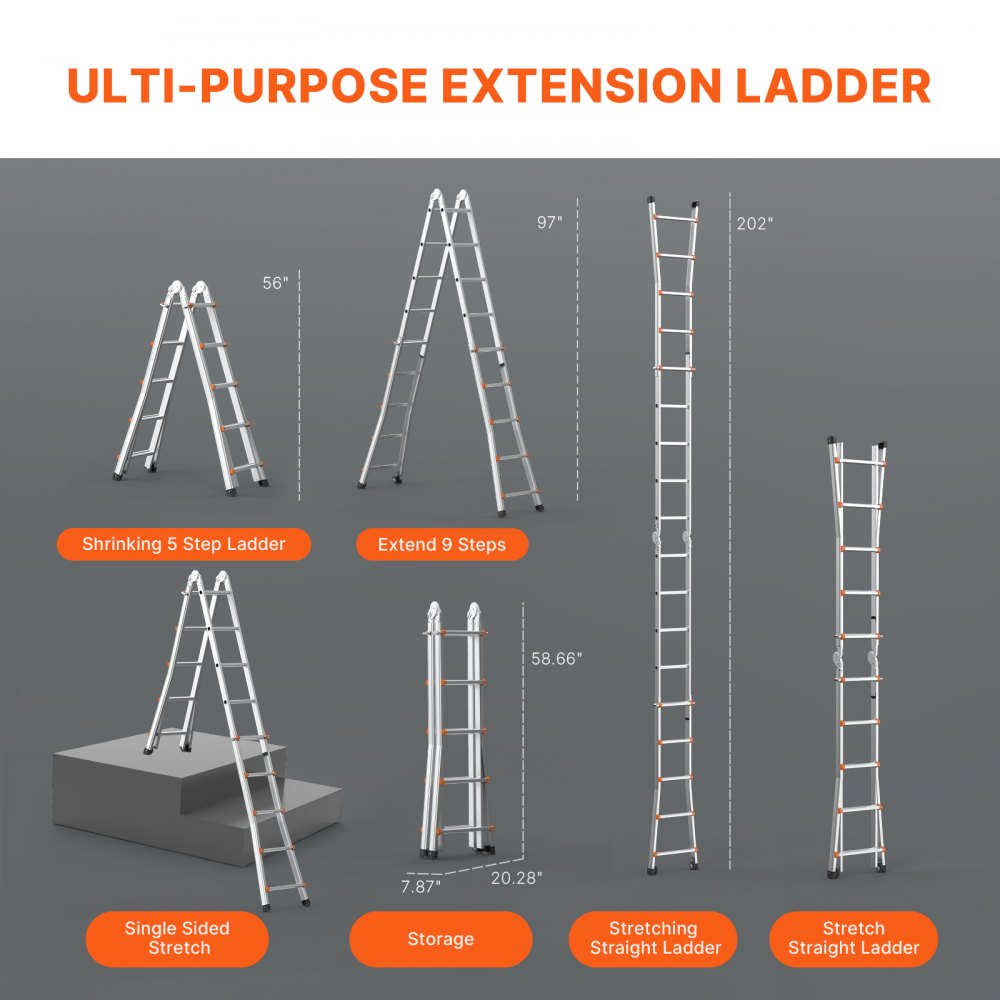 Bostome 16.7 FT telescoping A-frame extension ladder with 330 lbs capacity, shown in multiple configurations.