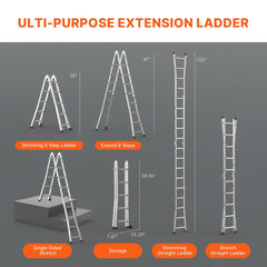 Bostome 16.7 FT telescoping A-frame extension ladder with 330 lbs capacity, shown in multiple configurations.