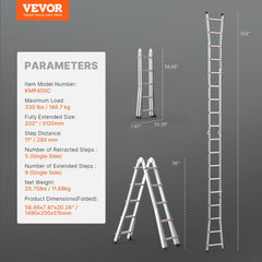 Telescoping A-frame extension ladder, 16.7 ft extended, 330 lbs capacity, aluminum.