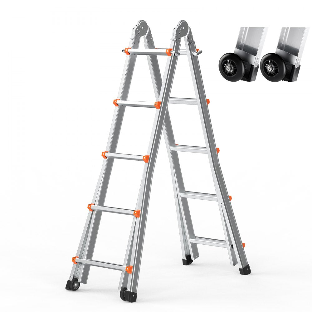 Silver 16.7 FT telescoping A-frame extension ladder with orange accents, dual-wheel base, and 330 lbs capacity.