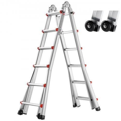 Aluminum alloy 20ft A-frame telescoping ladder with wheels and locking steps in silver and red.