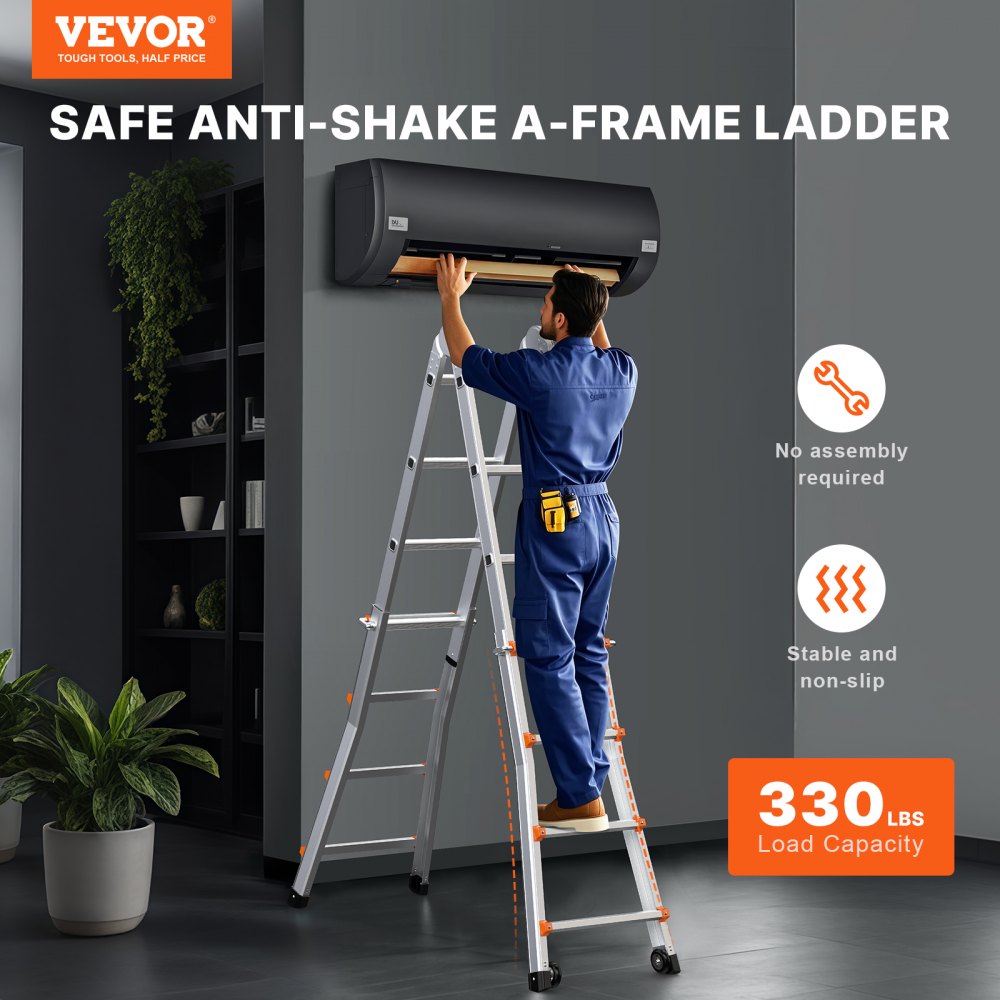 Man on a silver aluminum A-frame ladder adjusting an air conditioner on a gray wall.