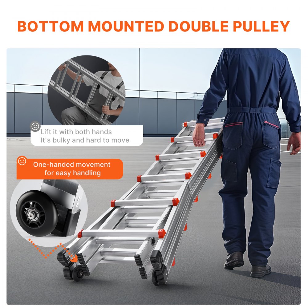 Man in blue coveralls pulling a folded aluminum A-frame telescoping ladder with wheels.