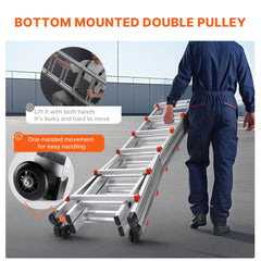 Man in blue coveralls pulling a folded aluminum A-frame telescoping ladder with wheels.