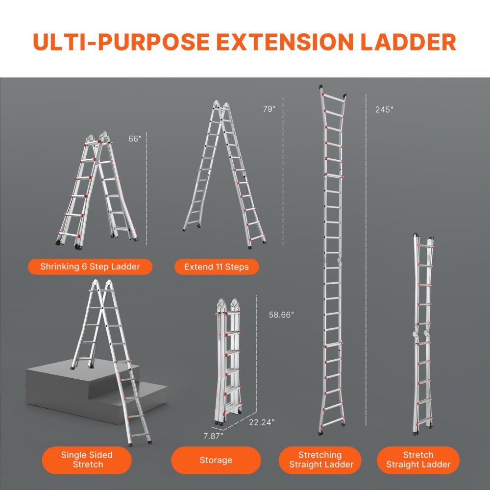 Multi-function aluminum alloy ladder in A-frame, telescoping up to 20 feet.