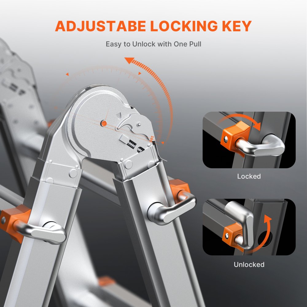 A-frame telescoping aluminum ladder with adjustable locking key in locked and unlocked positions.