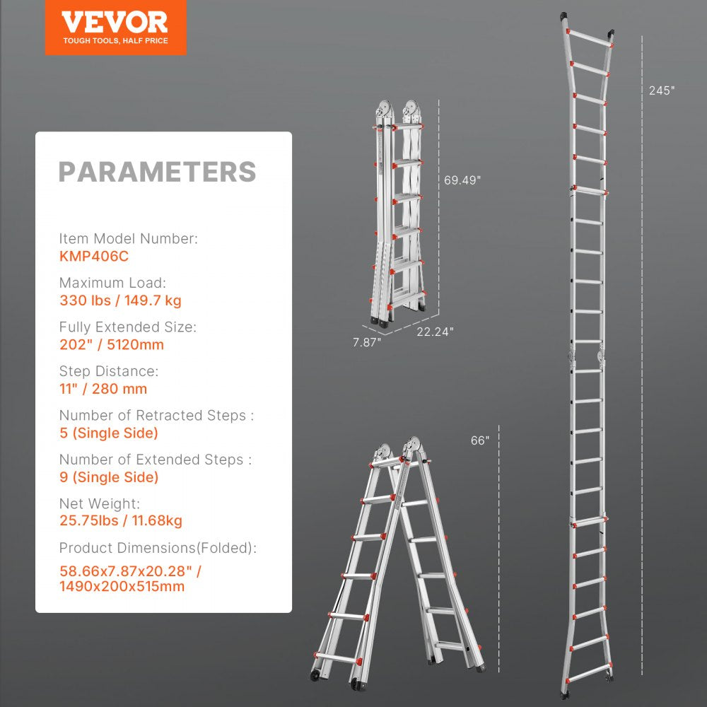 20FT aluminum alloy A-frame telescoping ladder with multi-function design.