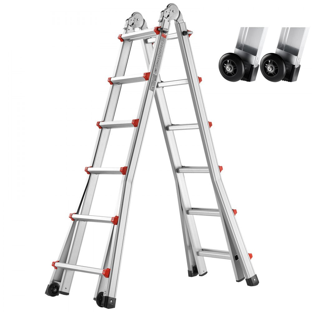 Silver aluminum A-frame telescoping ladder with red accents, wheels, and 20ft height.