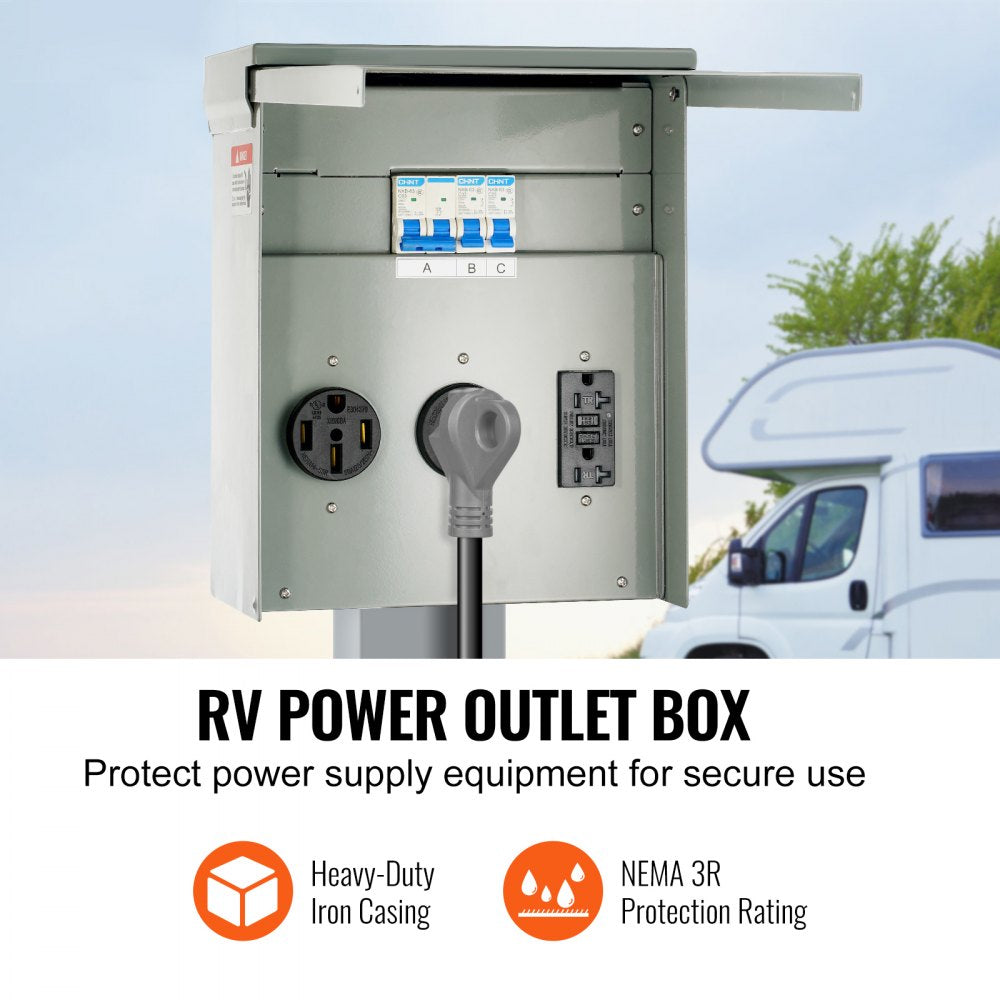 Temporary Power Outlet Panel, 125/250V, RV Power Outlet Box with a 20/30/50 Amp Receptacle Installed, NEMA 14-50R / NEMA TT-30R / 15A GFCI for RV Camper Trailer Motorhome, Tested to UL Standards