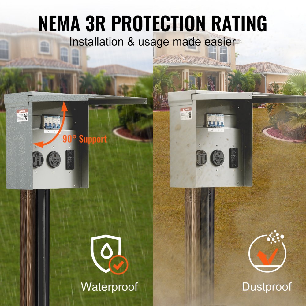 Temporary Power Outlet Panel, 125/250V, RV Power Outlet Box with a 20/30/50 Amp Receptacle Installed, NEMA 14-50R / NEMA TT-30R / 15A GFCI for RV Camper Trailer Motorhome, Tested to UL Standards