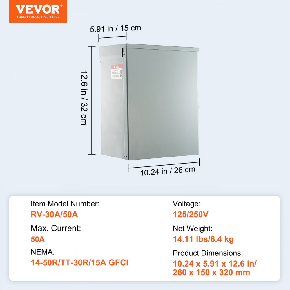 Temporary Power Outlet Panel, 125/250V, RV Power Outlet Box with a 20/30/50 Amp Receptacle Installed, NEMA 14-50R / NEMA TT-30R / 15A GFCI for RV Camper Trailer Motorhome, Tested to UL Standards