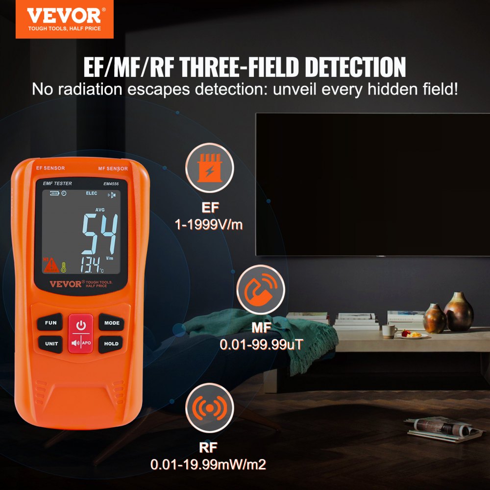 3-in-1 EMF Meter, 5Hz-6GHz, Handheld Rechargeable Electromagnetic Field Radiation Detector, Digital LCD EMF Tester for EF MF RF Home Inspections Outdoor Ghost Hunting 5G Cell Tower Temperature