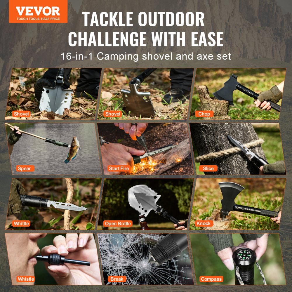 Bostome 16-in-1 camping multitool kit with folding shovel, axe, and various survival tools.