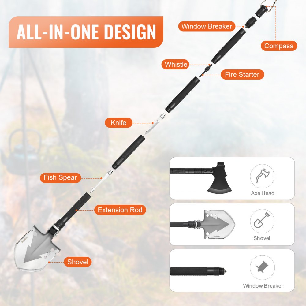Bostome 16-in-1 camping folding shovel and axe multitool kit with adjustable handle and tools.