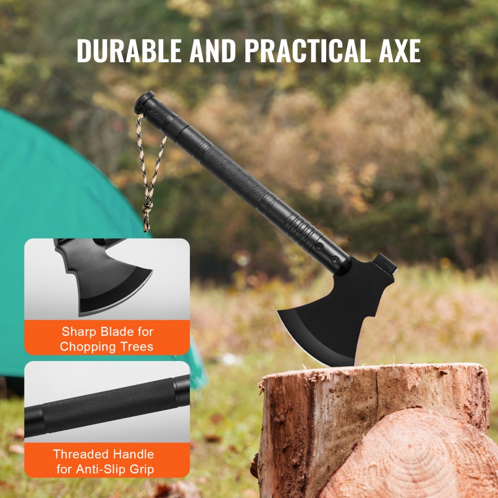 Bostome 16-in-1 camping multitool kit with folding shovel, axe, and various survival tools.