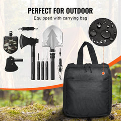 Bostome 16-in-1 camping folding shovel and axe multitool kit with adjustable handle and tools.