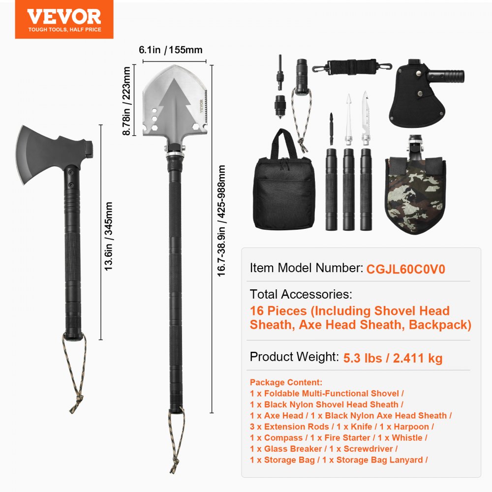 Bostome 16-in-1 camping multitool kit featuring a folding shovel and axe with various tools.