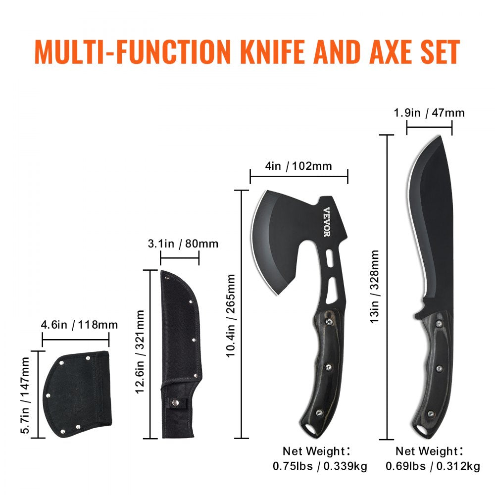 Bostome Hunting Knife and Hatchet Axe Combo Set with stainless steel blades and rubber handles.