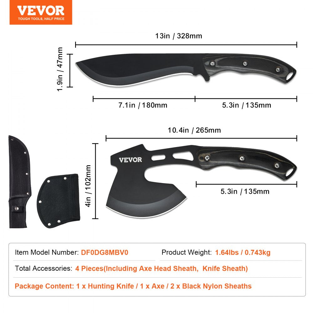 Bostome Hunting Knife and Hatchet Axe Combo Set with stainless steel blades and rubber handles.