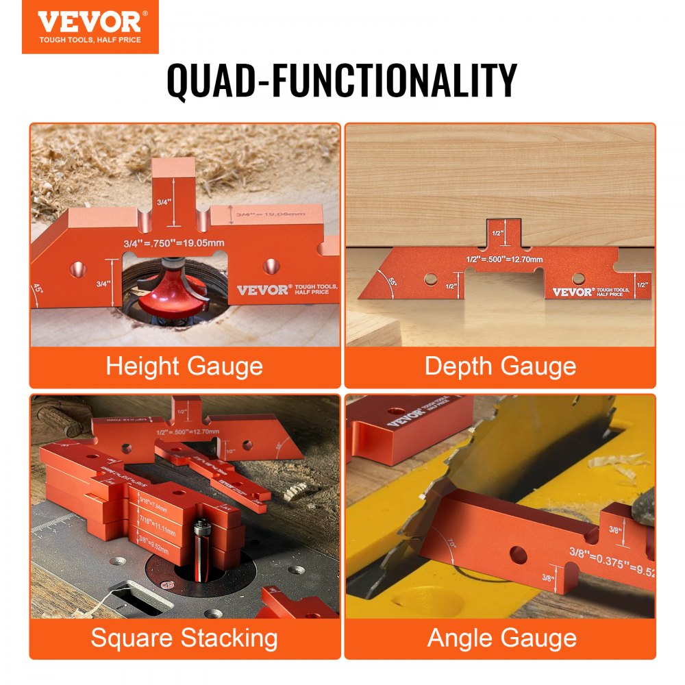 14-piece precision aluminum setup blocks for router tables, shown in various gauge functions.