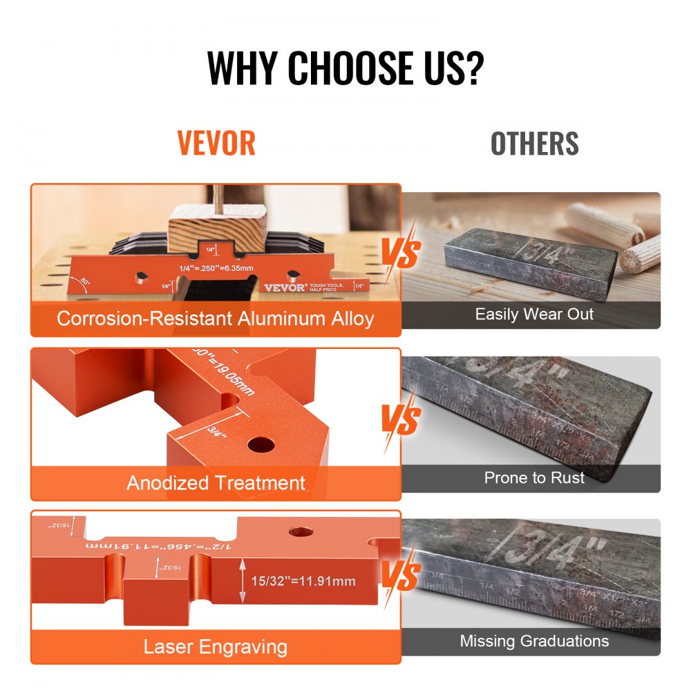 Comparison chart showing VEVOR's corrosion-resistant aluminum setup blocks with laser engravings versus others prone to rust and wear.