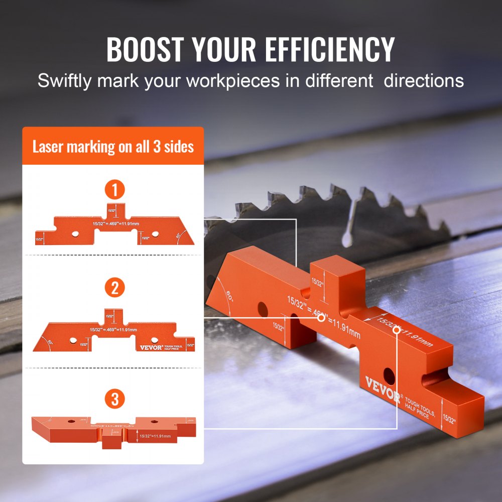 Orange aluminum setup block with laser markings next to a saw blade on a workbench.