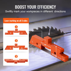 Orange aluminum setup block with laser markings next to a saw blade on a workbench.
