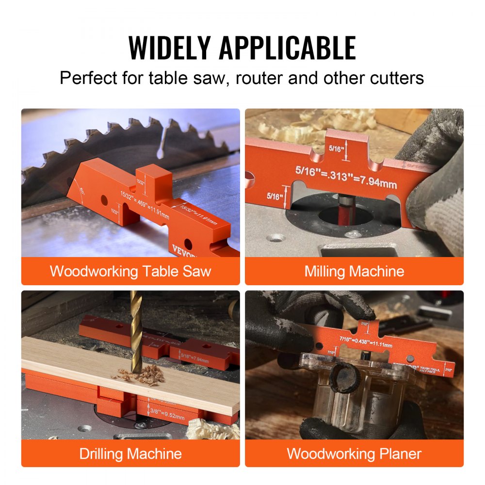 14-piece precision aluminum setup blocks for router tables, shown in use with table saws, routers, and other woodworking tools.