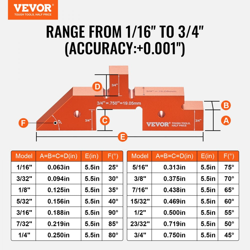 Orange aluminum setup block with measurement chart and dimensions from 1/16 to 3/4 inch.
