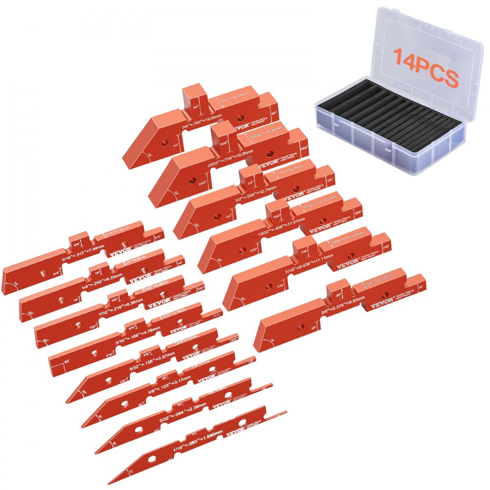 14-piece set of red precision aluminum setup blocks in various sizes, stored in a clear case.