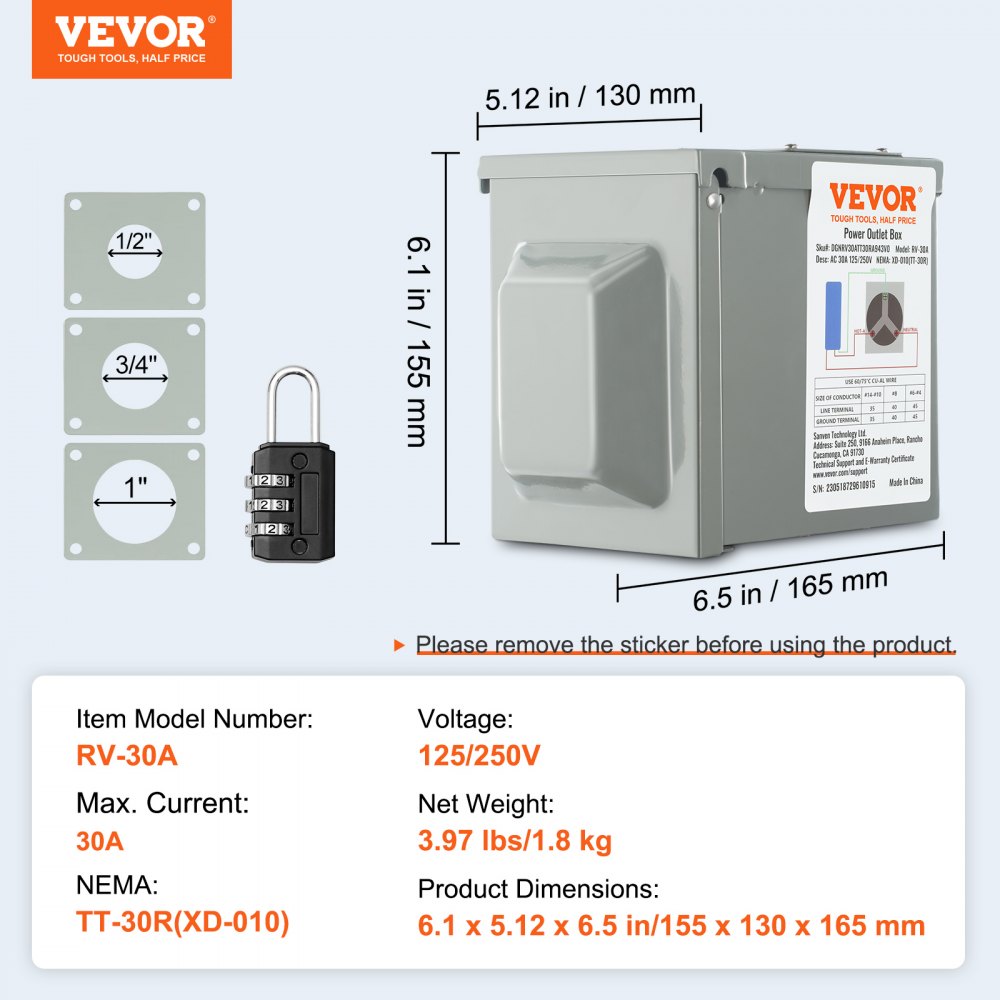 30 Amp RV Power Outlet Box, 125/250 Volt, Enclosed Lockable Outdoor RV Receptacle Box, NEMA TT-30R Weatherproof Electrical Panel, for RV Camper Trailer Motorhome Tested to UL Standards