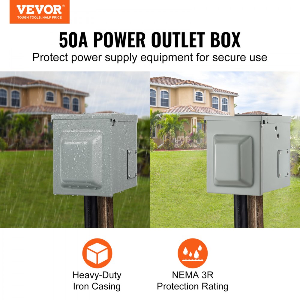 Bostome 50 Amp RV power outlet box with weatherproof enclosure and secure locking door.