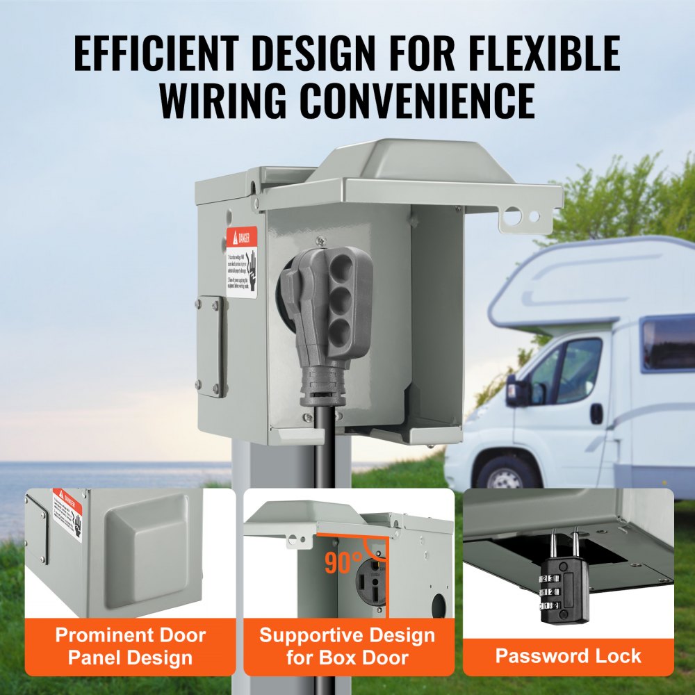 Bostome 50 Amp RV power outlet box with weatherproof enclosure and secure locking door.