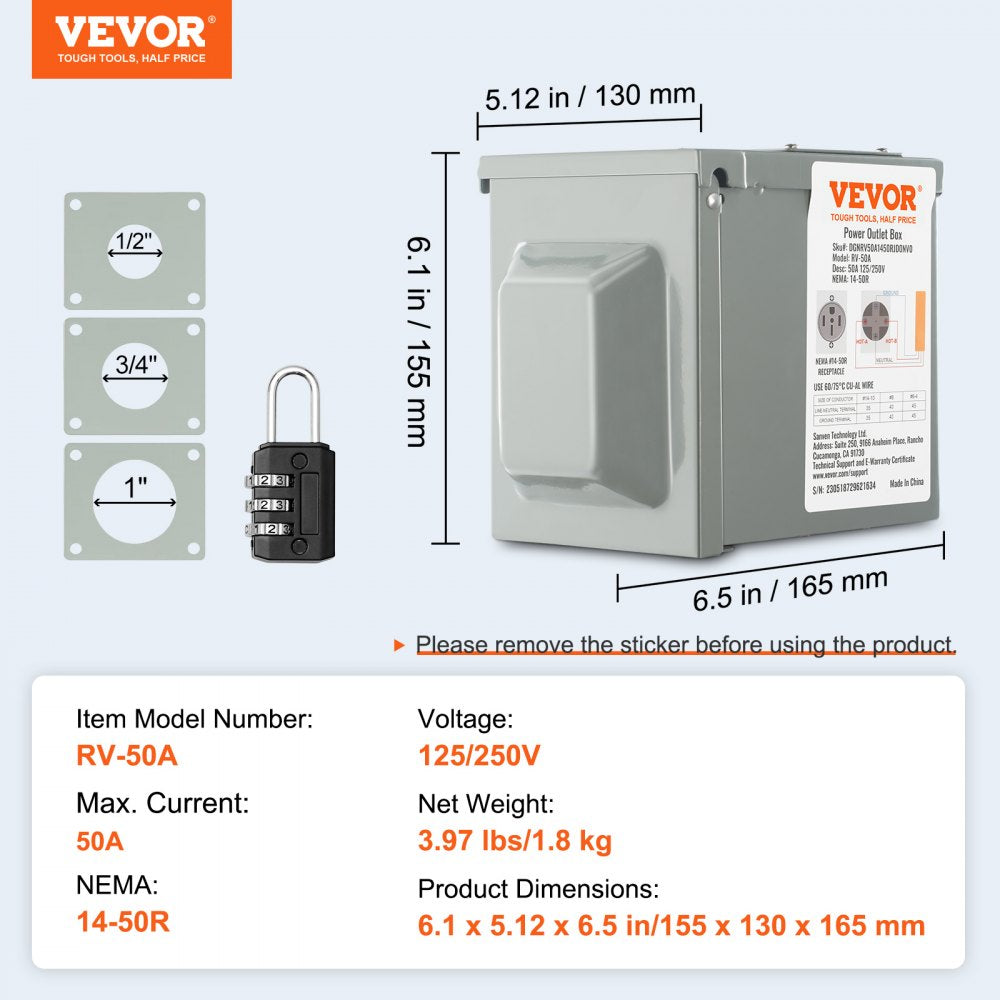 Bostome 50 Amp RV power outlet box with weatherproof enclosure and secure locking door.