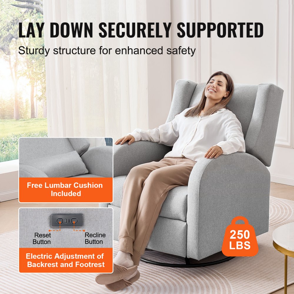Electronic Power Recliner and Swivel Glider, 250 lbs Weight Capacity Swivel Glider Recliner Chair with USB Port, Electric Chair Polyester Surface Swivel Rocker Recliner  for Living Room, Bedroom, Light Gray