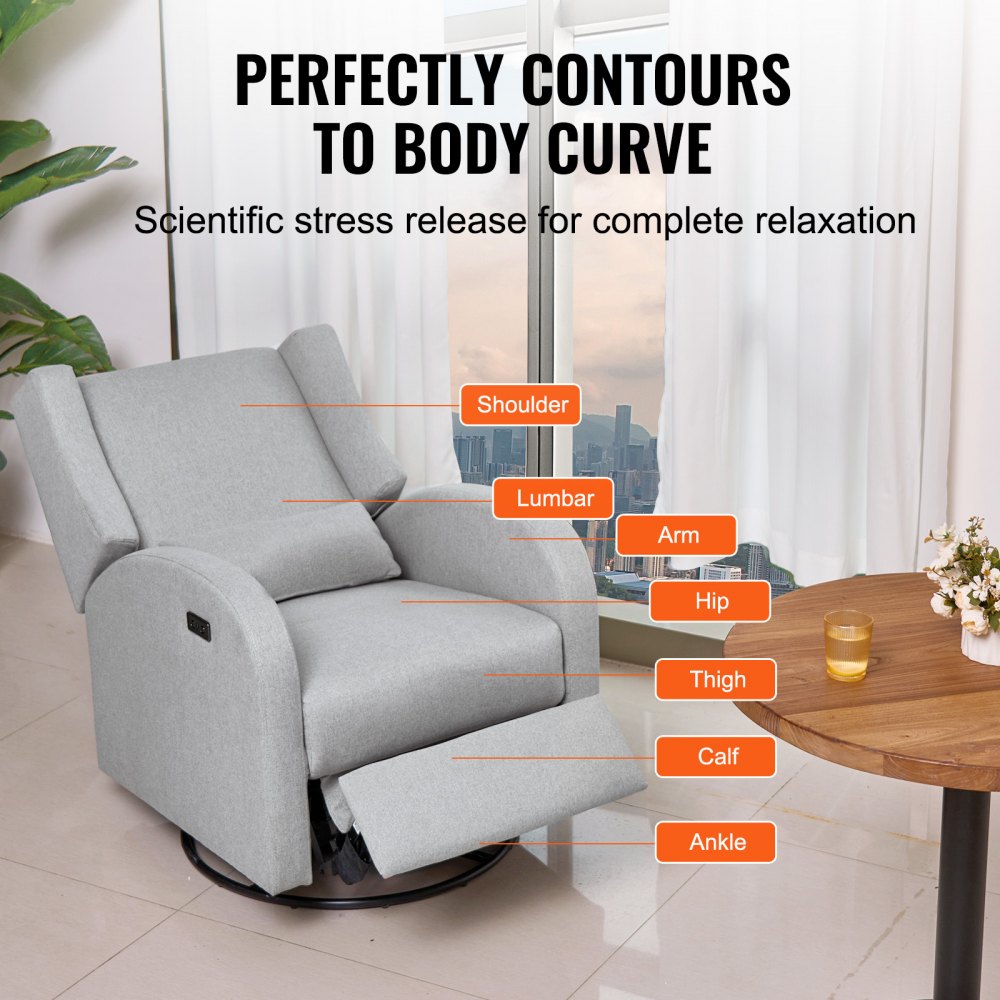 Electronic Power Recliner and Swivel Glider, 250 lbs Weight Capacity Swivel Glider Recliner Chair with USB Port, Electric Chair Polyester Surface Swivel Rocker Recliner  for Living Room, Bedroom, Light Gray