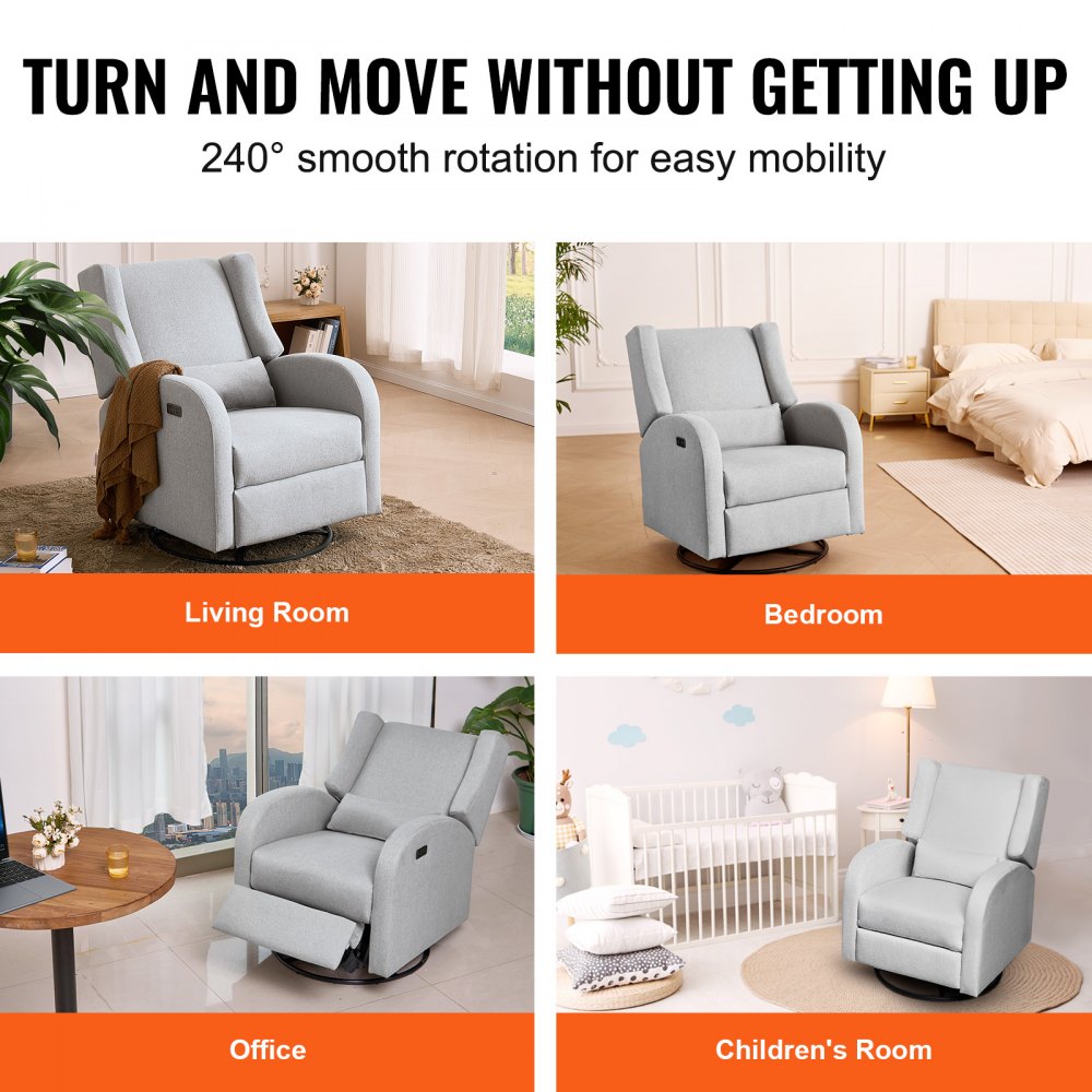 Electronic Power Recliner and Swivel Glider, 250 lbs Weight Capacity Swivel Glider Recliner Chair with USB Port, Electric Chair Polyester Surface Swivel Rocker Recliner  for Living Room, Bedroom, Light Gray