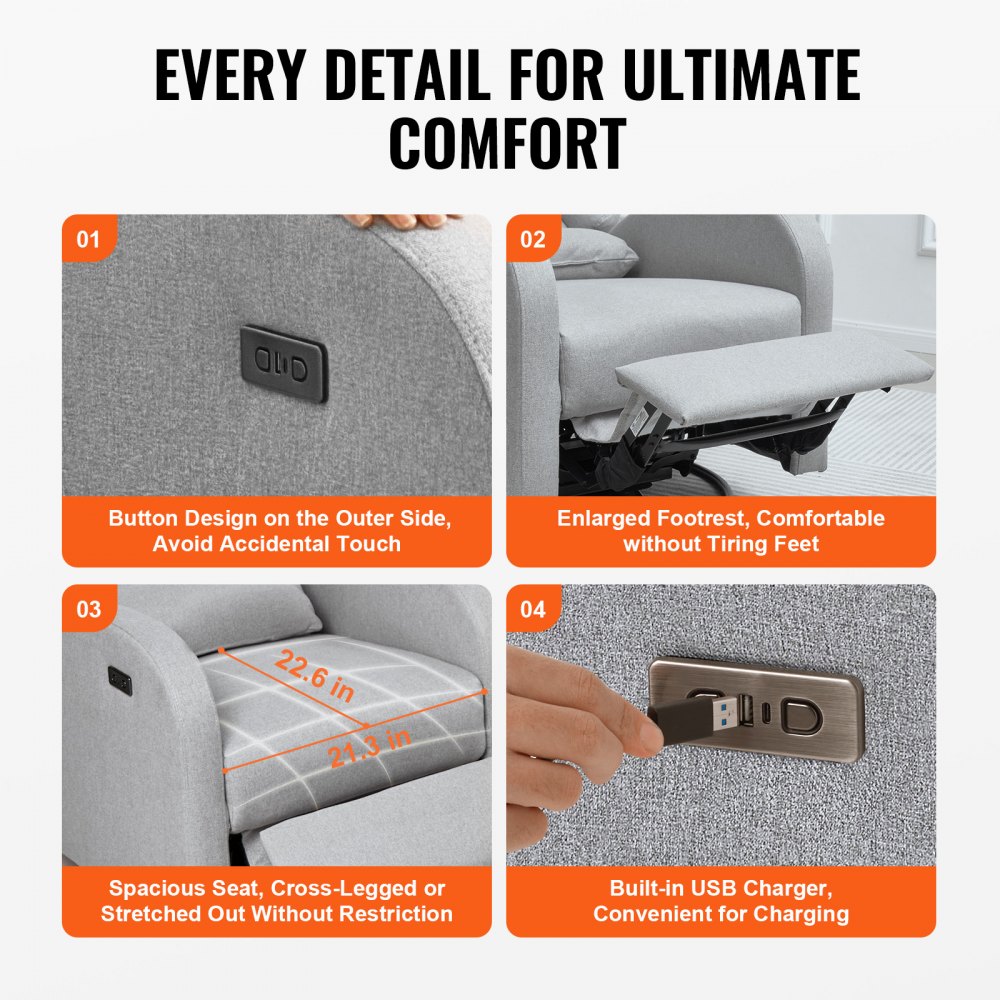 Electronic Power Recliner and Swivel Glider, 250 lbs Weight Capacity Swivel Glider Recliner Chair with USB Port, Electric Chair Polyester Surface Swivel Rocker Recliner  for Living Room, Bedroom, Light Gray